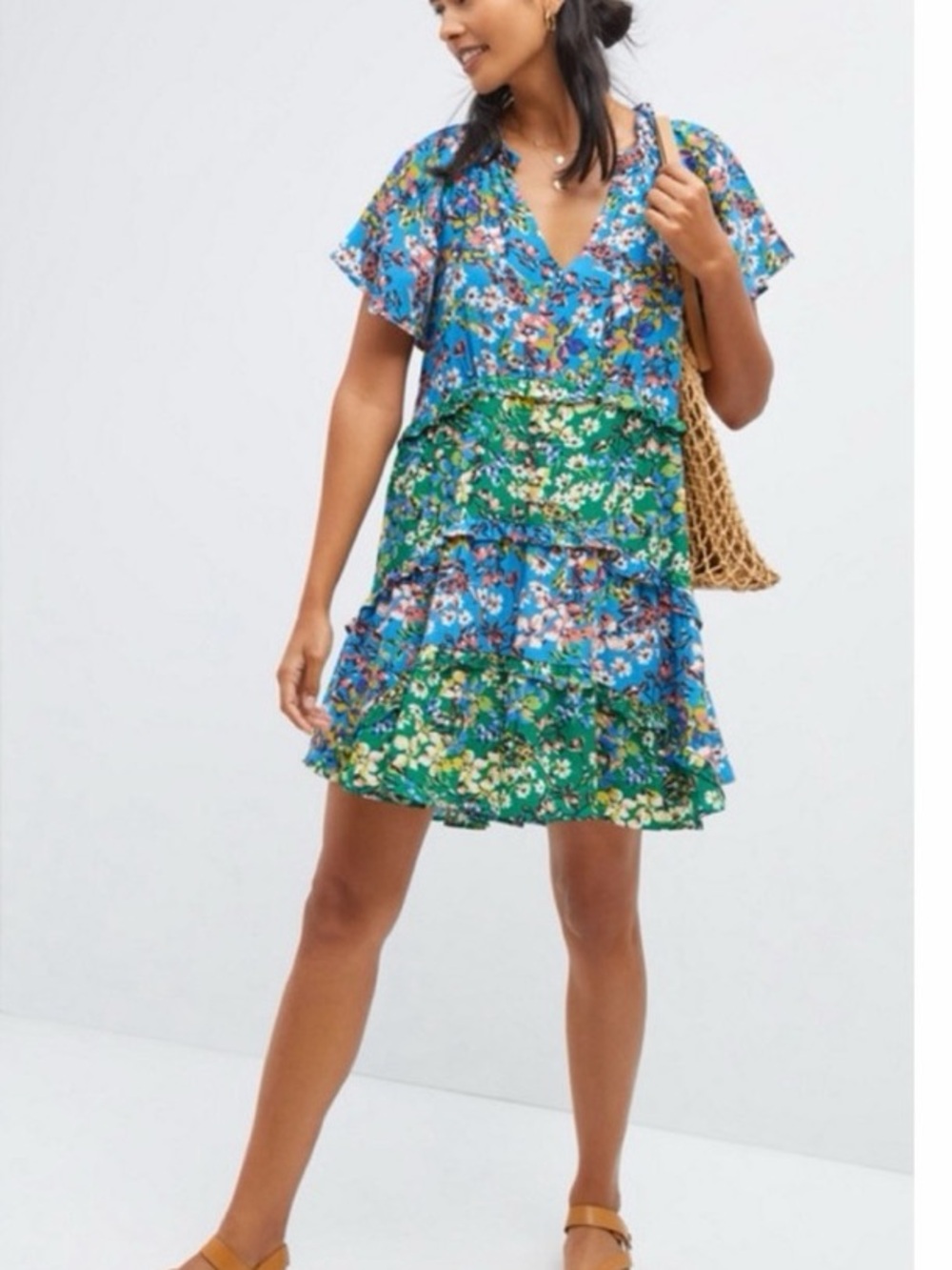 Anthropologie | Dresses | Anthropologie Blue Green Floral Vneck Tiered Color Block Dress